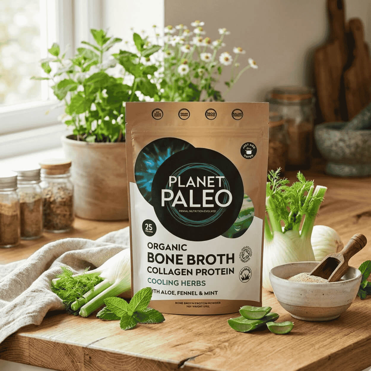 Balení kostního vývaru Planet Paleo pro citlivé zažívání vedle hrnku připraveného vývaru, máty a fenyklu.